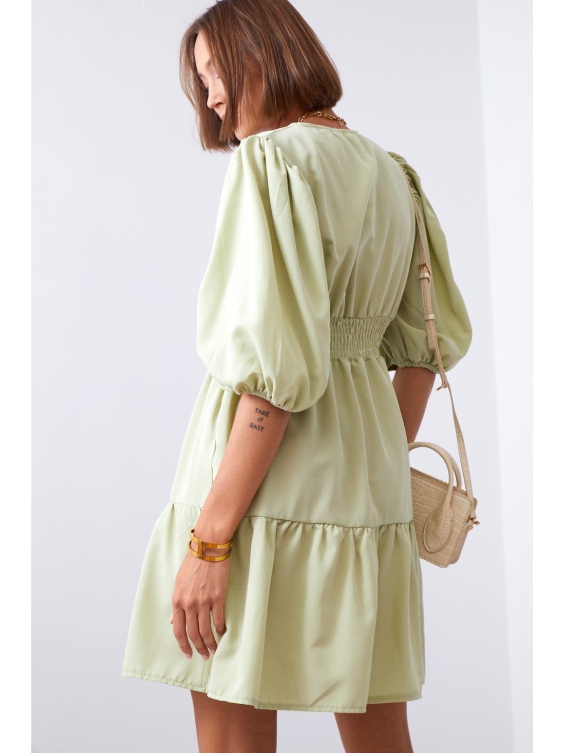 Tailored dress with puffy sleeves, olive green FG651 - Online store - Boutique